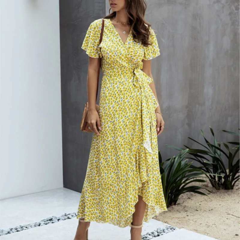 Daisy Fragmented Flowers Summer Sexy V-neck Ruffle Edge Dresses Lace Up Short Sleeve Long Commuter Elegant Fresh Sunflower Dress - Image 2