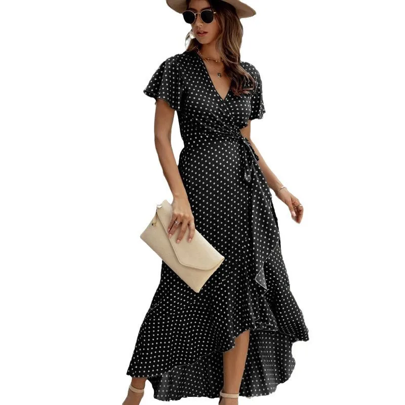 Daisy Fragmented Flowers Summer Sexy V-neck Ruffle Edge Dresses Lace Up Short Sleeve Long Commuter Elegant Fresh Sunflower Dress - Image 3
