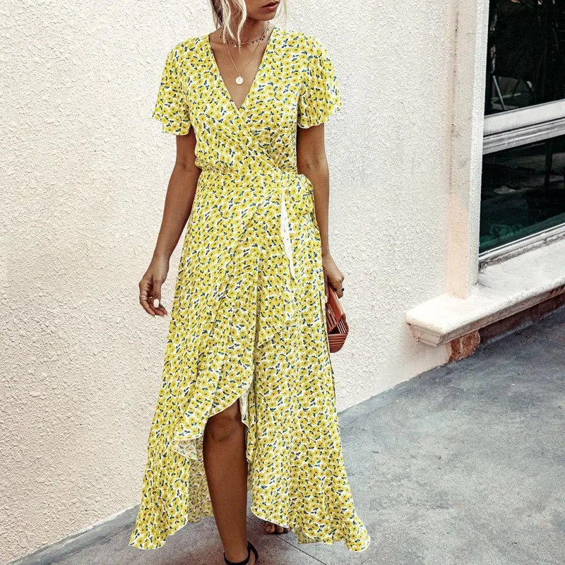 Daisy Fragmented Flowers Summer Sexy V-neck Ruffle Edge Dresses Lace Up Short Sleeve Long Commuter Elegant Fresh Sunflower Dress - Image 4