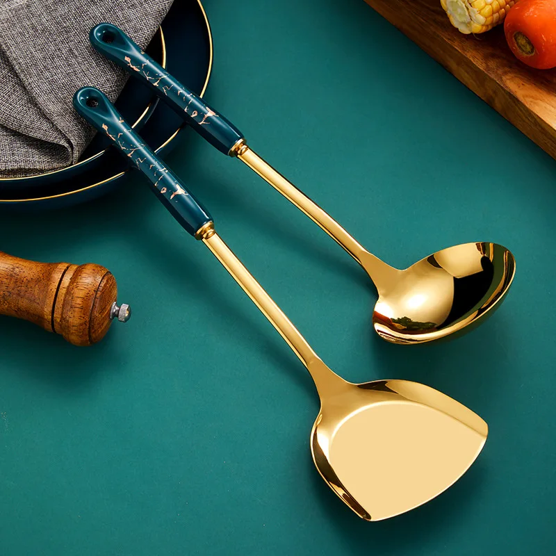 Dark green gold cooking pots set stainless steel cookware set non stick Spatula Shovel spoon kitchen utensils accessories set - Image 6