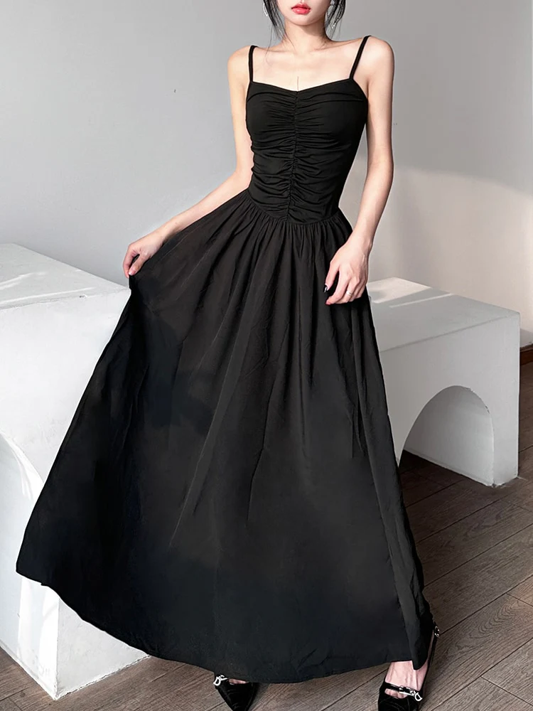 Sexy Spaghetti Strap Black Folds Corset Maxi Pleated Dress - Image 2