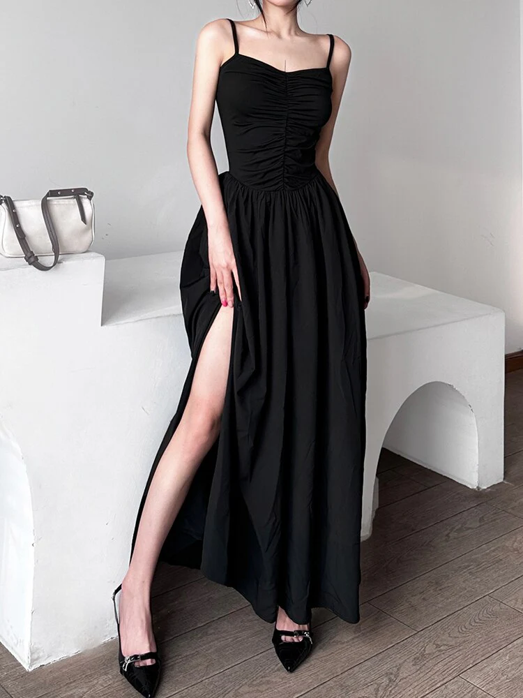 Sexy Spaghetti Strap Black Folds Corset Maxi Pleated Dress - Image 3