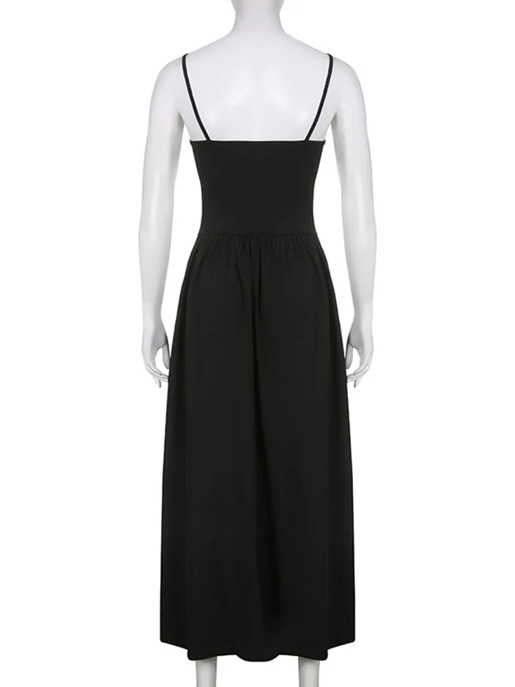 Sexy Spaghetti Strap Black Folds Corset Maxi Pleated Dress - Image 4