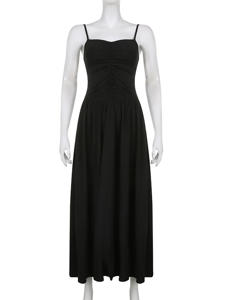 Sexy Spaghetti Strap Black Folds Corset Maxi Pleated Dress - Image 5