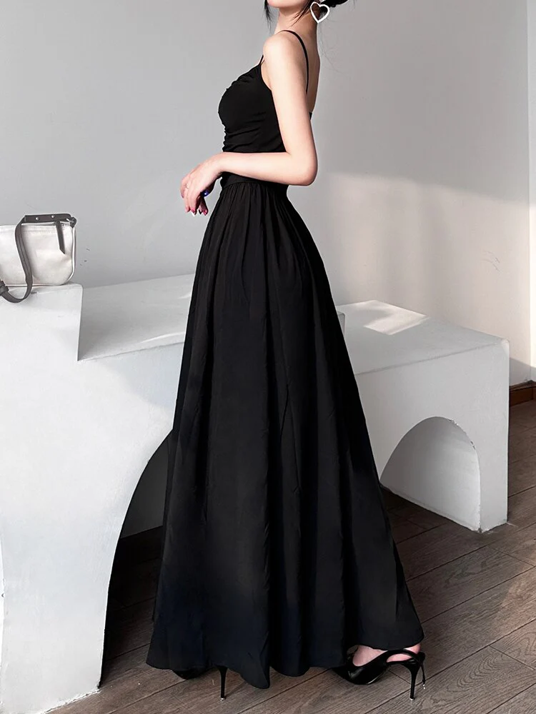 Sexy Spaghetti Strap Black Folds Corset Maxi Pleated Dress - Image 6