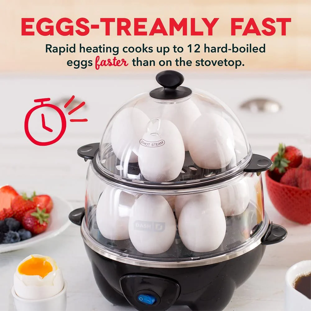 DASH Deluxe Rapid Egg Cooker for Hard Boiled, Poached, Scrambled Eggs, Omelets, Steamed Vegetables, Dumplings & More, 12 capacity, with Auto Shut Off Feature - Black - Image 4