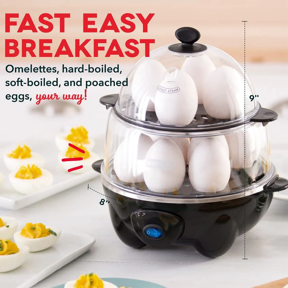 DASH Deluxe Rapid Egg Cooker for Hard Boiled, Poached, Scrambled Eggs, Omelets, Steamed Vegetables, Dumplings & More, 12 capacity, with Auto Shut Off Feature - Black - Image 5