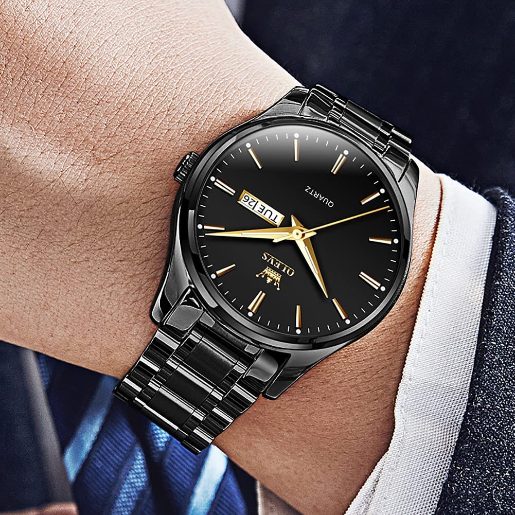 Date Day Watches for Men,Fashion Black Steel Watches for Men,Black Stainless Steel Quartz Watches Men,Man Watch,Black Dial Men's Steel Watch,Luminous Watch,Mens Dress Watch,Wrist Waterproof Watch Mens - Image 2