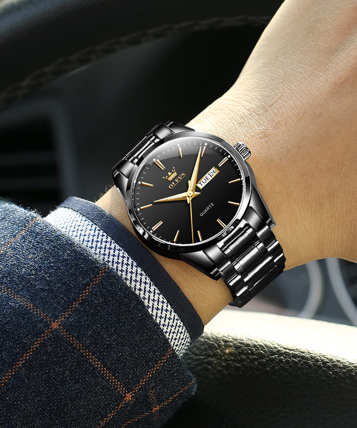 Date Day Watches for Men,Fashion Black Steel Watches for Men,Black Stainless Steel Quartz Watches Men,Man Watch,Black Dial Men's Steel Watch,Luminous Watch,Mens Dress Watch,Wrist Waterproof Watch Mens - Image 3
