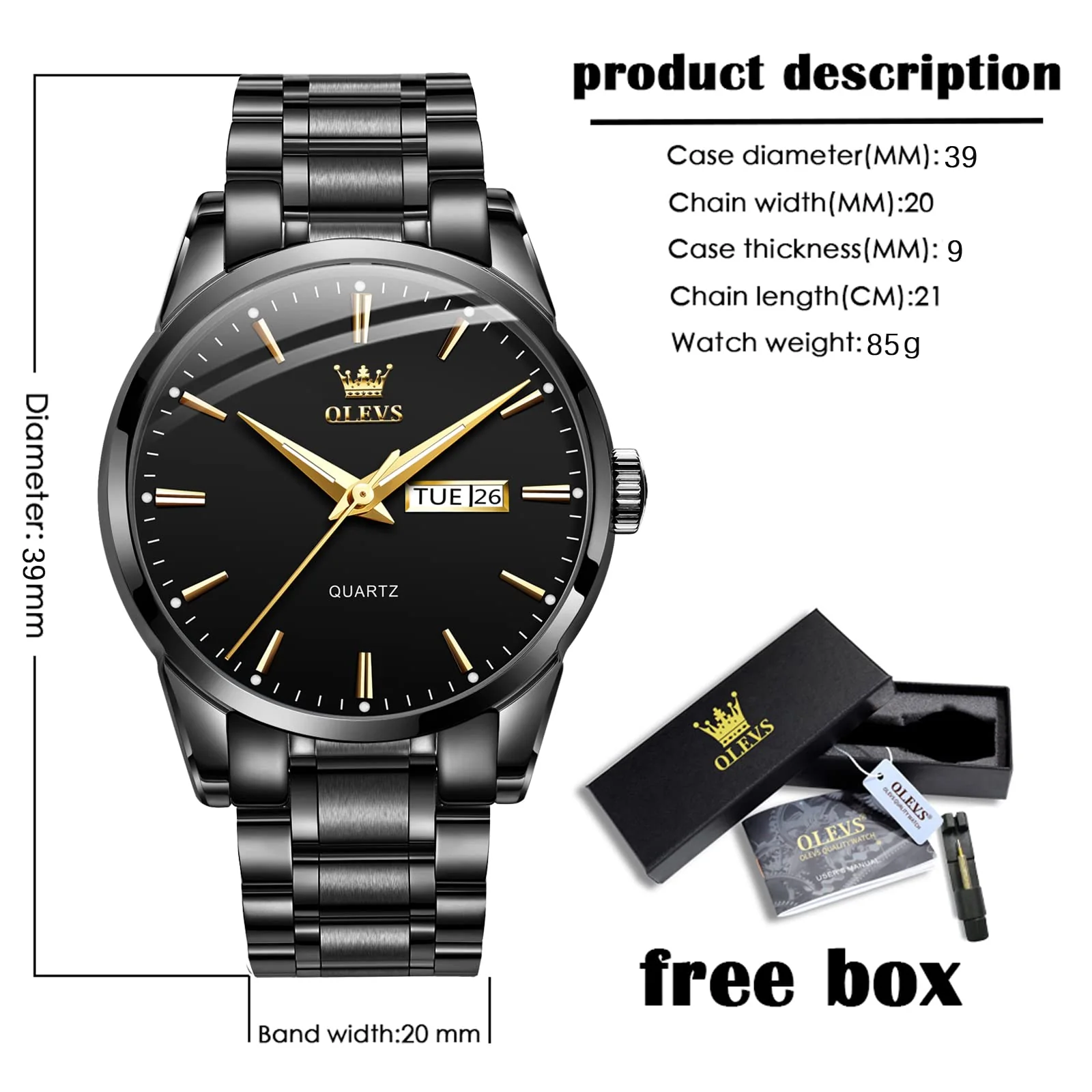 Date Day Watches for Men,Fashion Black Steel Watches for Men,Black Stainless Steel Quartz Watches Men,Man Watch,Black Dial Men's Steel Watch,Luminous Watch,Mens Dress Watch,Wrist Waterproof Watch Mens - Image 5