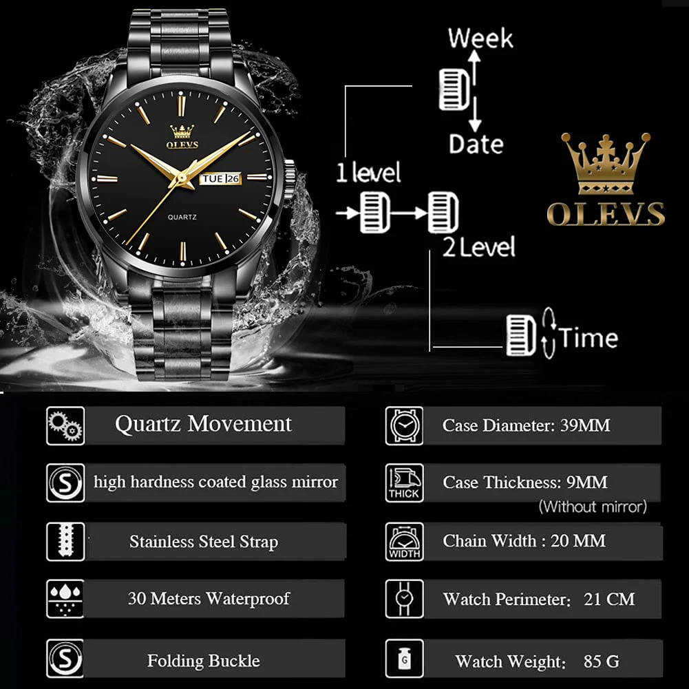 Date Day Watches for Men,Fashion Black Steel Watches for Men,Black Stainless Steel Quartz Watches Men,Man Watch,Black Dial Men's Steel Watch,Luminous Watch,Mens Dress Watch,Wrist Waterproof Watch Mens - Image 6