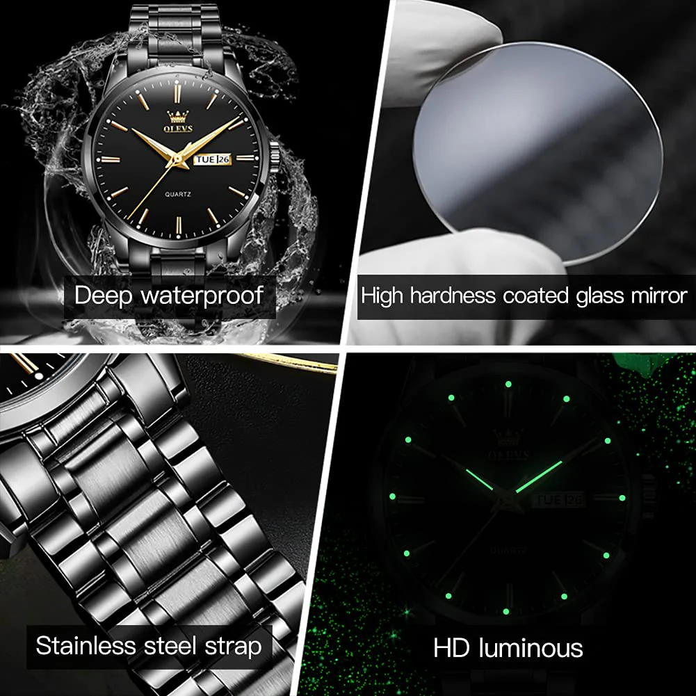 Date Day Watches for Men,Fashion Black Steel Watches for Men,Black Stainless Steel Quartz Watches Men,Man Watch,Black Dial Men's Steel Watch,Luminous Watch,Mens Dress Watch,Wrist Waterproof Watch Mens - Image 7