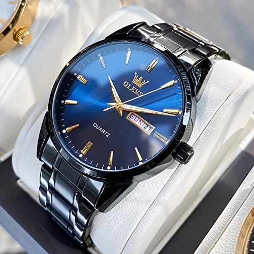 Day Date Watches Men,Black Steel Blue Men Watch,Big Face Men Watch,Luxury Men Watches,Black Steel Watch Man Waterproof,Luminous Men Watch,Male Watches,Men Dress Watch for Men,Classic Steel Wristwatch - Image 2