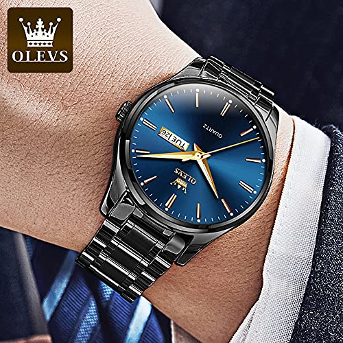 Day Date Watches Men,Black Steel Blue Men Watch,Big Face Men Watch,Luxury Men Watches,Black Steel Watch Man Waterproof,Luminous Men Watch,Male Watches,Men Dress Watch for Men,Classic Steel Wristwatch - Image 3