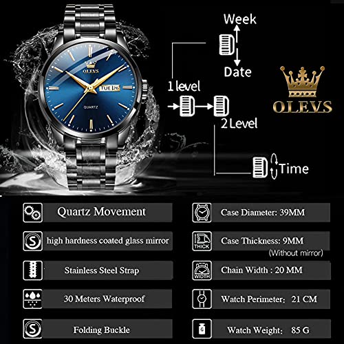 Day Date Watches Men,Black Steel Blue Men Watch,Big Face Men Watch,Luxury Men Watches,Black Steel Watch Man Waterproof,Luminous Men Watch,Male Watches,Men Dress Watch for Men,Classic Steel Wristwatch - Image 6