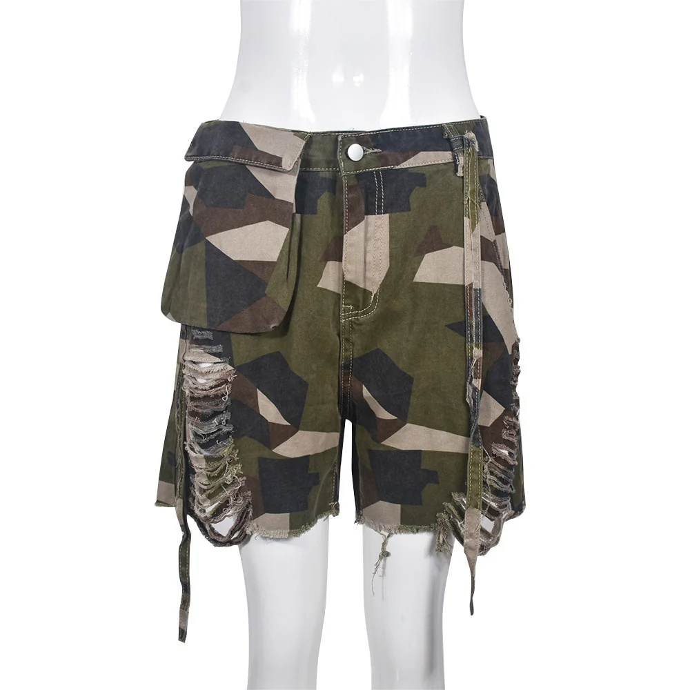 DEAT Fashion Women's Denim Shorts High Waist Loose Straight  Camouflage Tassels Hollow Out Short Jeans Spring 2023 New 17A5933 - Image 3