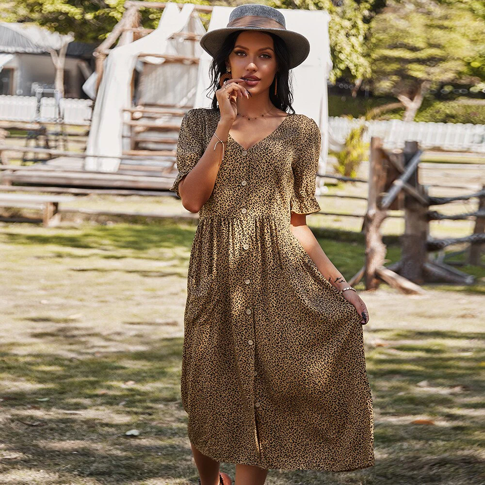 Deenor Women Summer Beach Chiffon Dress Casual Short Sleeve Polka Dot Dress Boho Party Dress Elegant V Neck Sundress Vestidos - Image 2