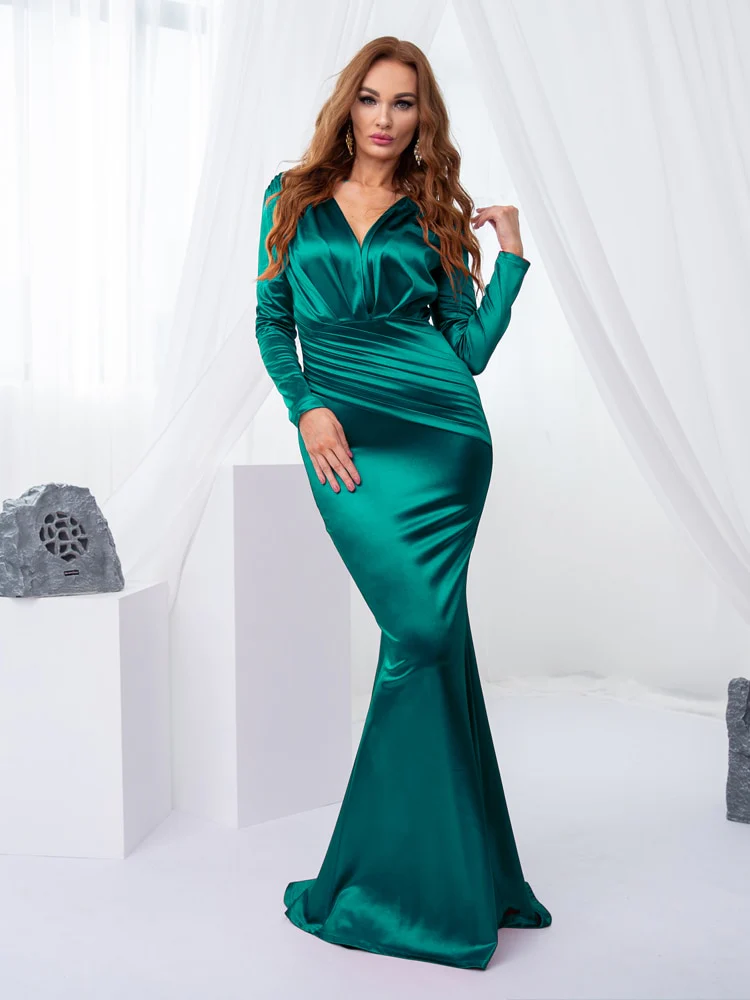 Deep V Neck Full Sleeved Pleated Long Evening Party Dress Stretch Satin Floor Length Event Gown Prom Robe - Image 10