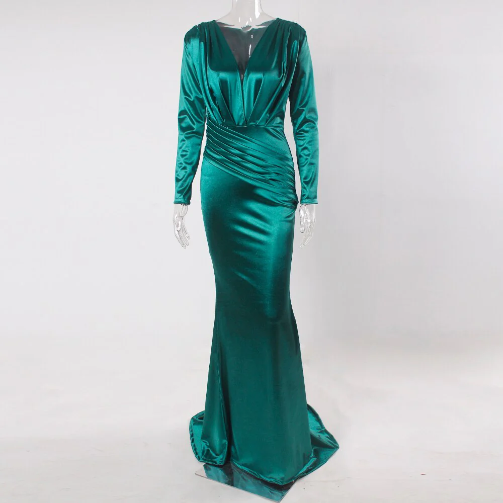 Deep V Neck Full Sleeved Pleated Long Evening Party Dress Stretch Satin Floor Length Event Gown Prom Robe - Image 3