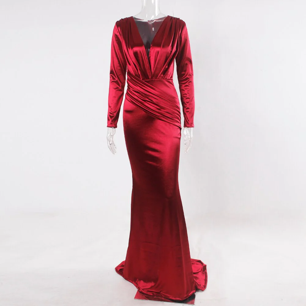Deep V Neck Full Sleeved Pleated Long Evening Party Dress Stretch Satin Floor Length Event Gown Prom Robe - Image 4