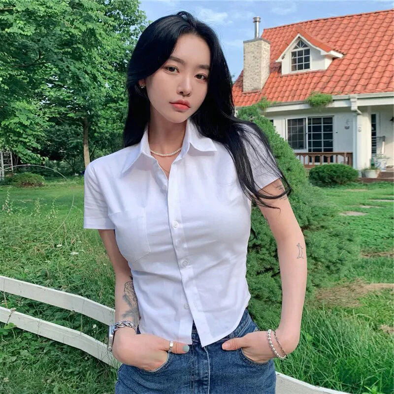 Deeptown Women White Blouse Basic Short Sleeve Crop Shirts Korean Fashion Preppy Style Work Wear Sexy Office Look Summer Tops - Image 2