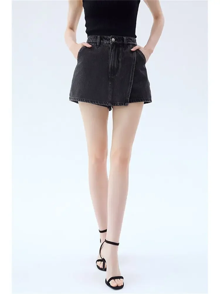 Deinm Shorts For Ladies 2023 New High Waist Fake Two Piece Fashion Blue Short Straight Jeans