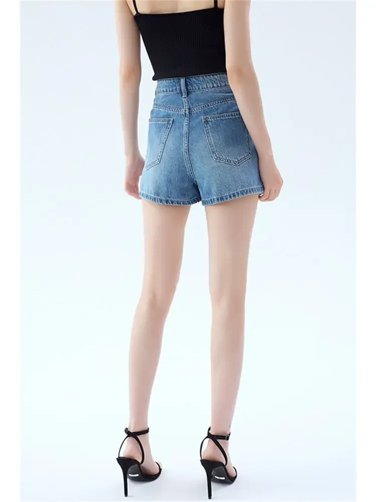 Deinm Shorts For Ladies 2023 New High Waist Fake Two Piece Fashion Blue Short Straight Jeans - Image 3