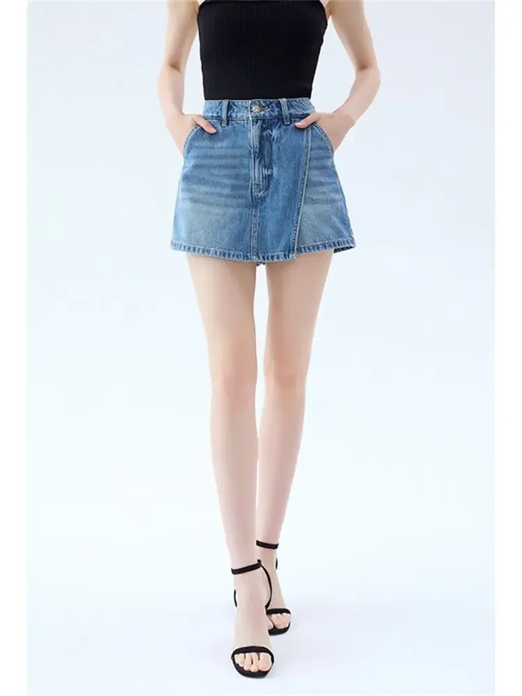 Deinm Shorts For Ladies 2023 New High Waist Fake Two Piece Fashion Blue Short Straight Jeans - Image 4