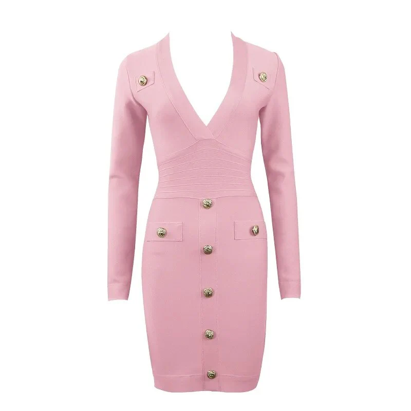 DEIVE TEGER Women's Long Sleeve Sexy Deep V-neck Gold Buttons Bandage Elegant Vestidos Evening Party Fall Winter Dress 8392 - Image 11