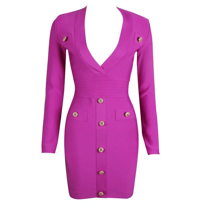DEIVE TEGER Women's Long Sleeve Sexy Deep V-neck Gold Buttons Bandage Elegant Vestidos Evening Party Fall Winter Dress 8392 - Image 12