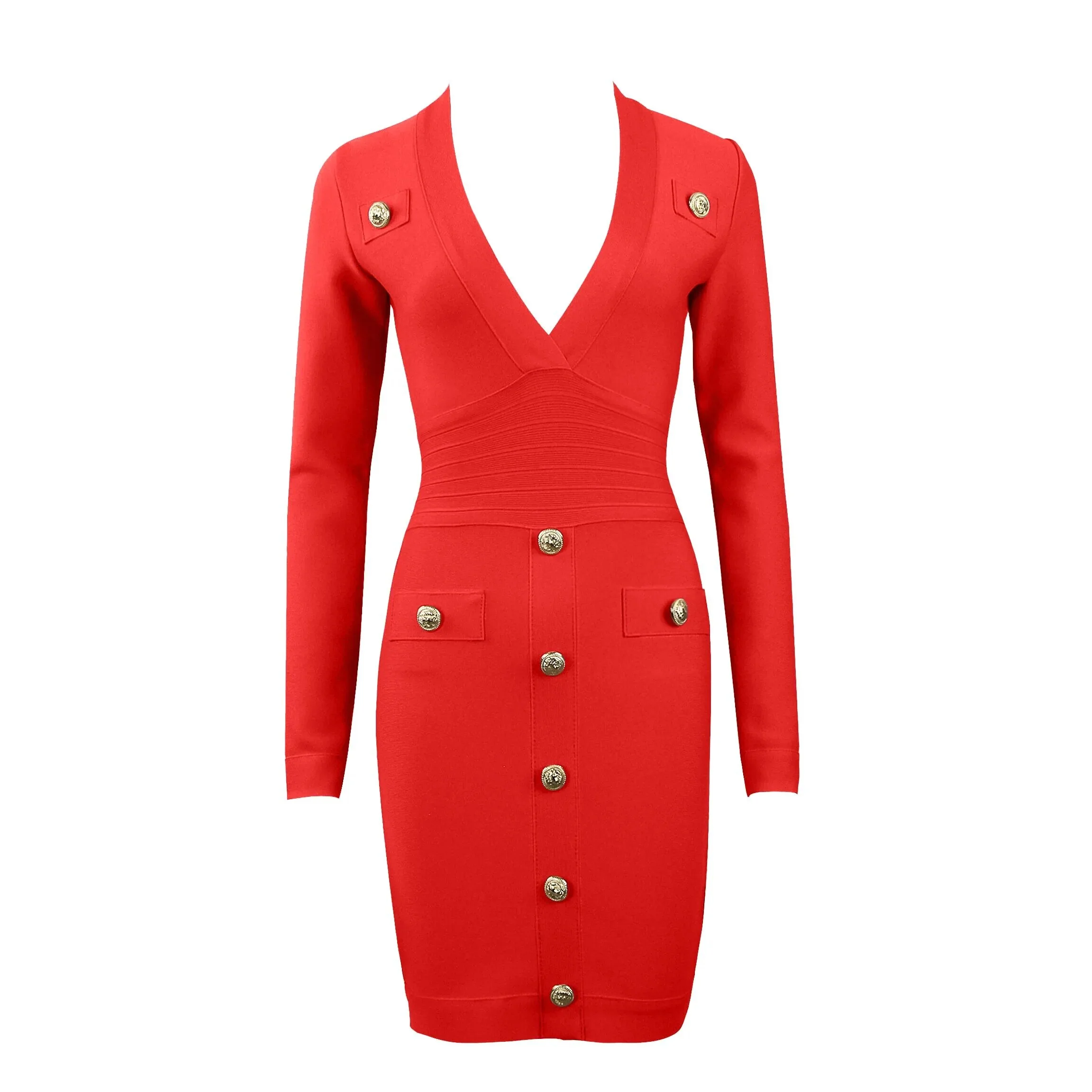 DEIVE TEGER Women's Long Sleeve Sexy Deep V-neck Gold Buttons Bandage Elegant Vestidos Evening Party Fall Winter Dress 8392 - Image 13