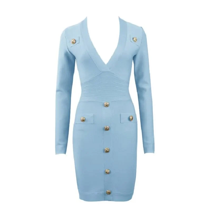 DEIVE TEGER Women's Long Sleeve Sexy Deep V-neck Gold Buttons Bandage Elegant Vestidos Evening Party Fall Winter Dress 8392 - Image 15