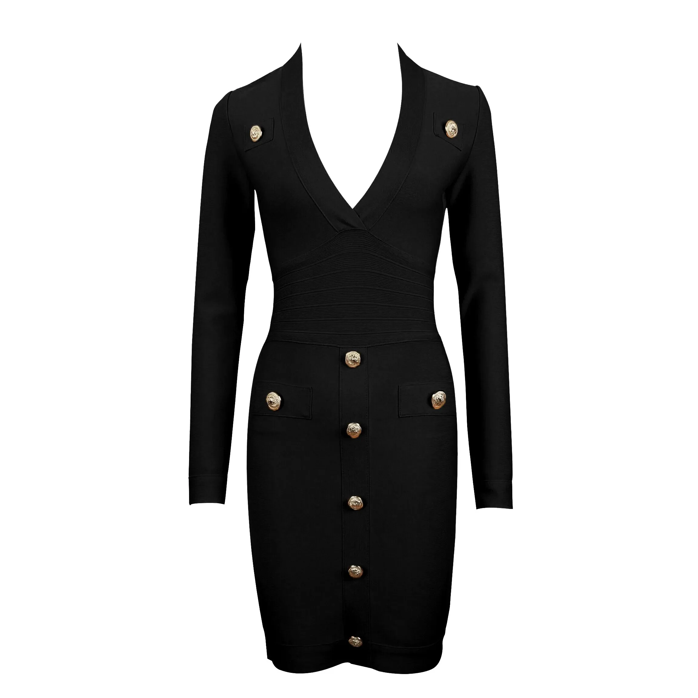 DEIVE TEGER Women's Long Sleeve Sexy Deep V-neck Gold Buttons Bandage Elegant Vestidos Evening Party Fall Winter Dress 8392 - Image 7