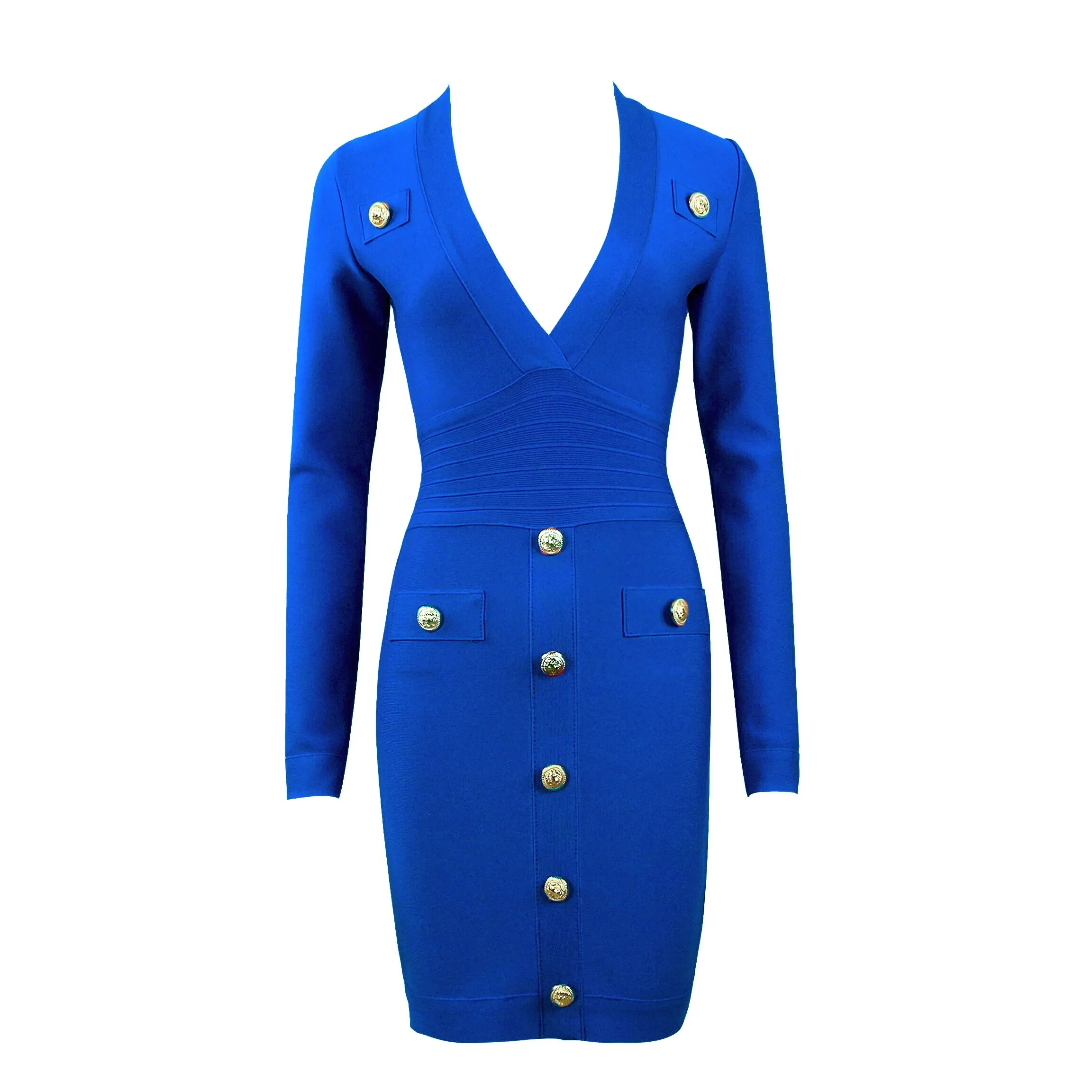 DEIVE TEGER Women's Long Sleeve Sexy Deep V-neck Gold Buttons Bandage Elegant Vestidos Evening Party Fall Winter Dress 8392 - Image 8