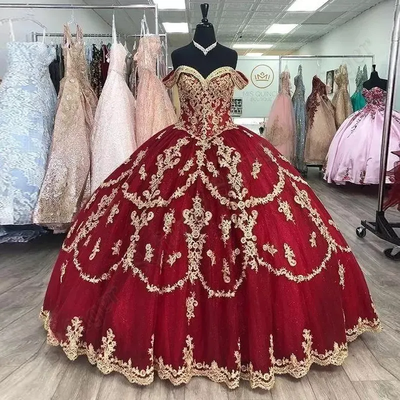 Delicate Off Shoulder Quincenera Sparkly Ball Gown Golden Appliqued Prom Party Robe De Soiree Celebrity 15 Ans Vestidos Fiesta