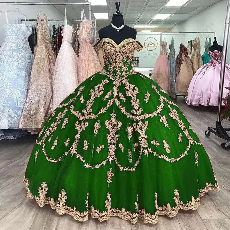Delicate Off Shoulder Quincenera Sparkly Ball Gown Golden Appliqued Prom Party Robe De Soiree Celebrity 15 Ans Vestidos Fiesta - Image 2