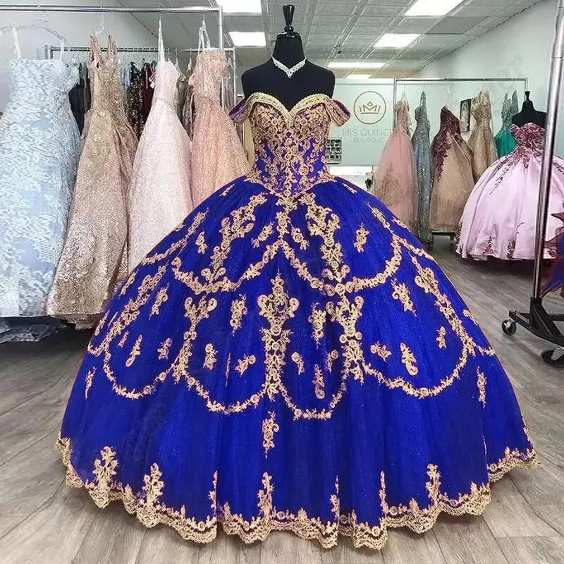 Delicate Off Shoulder Quincenera Sparkly Ball Gown Golden Appliqued Prom Party Robe De Soiree Celebrity 15 Ans Vestidos Fiesta - Image 3