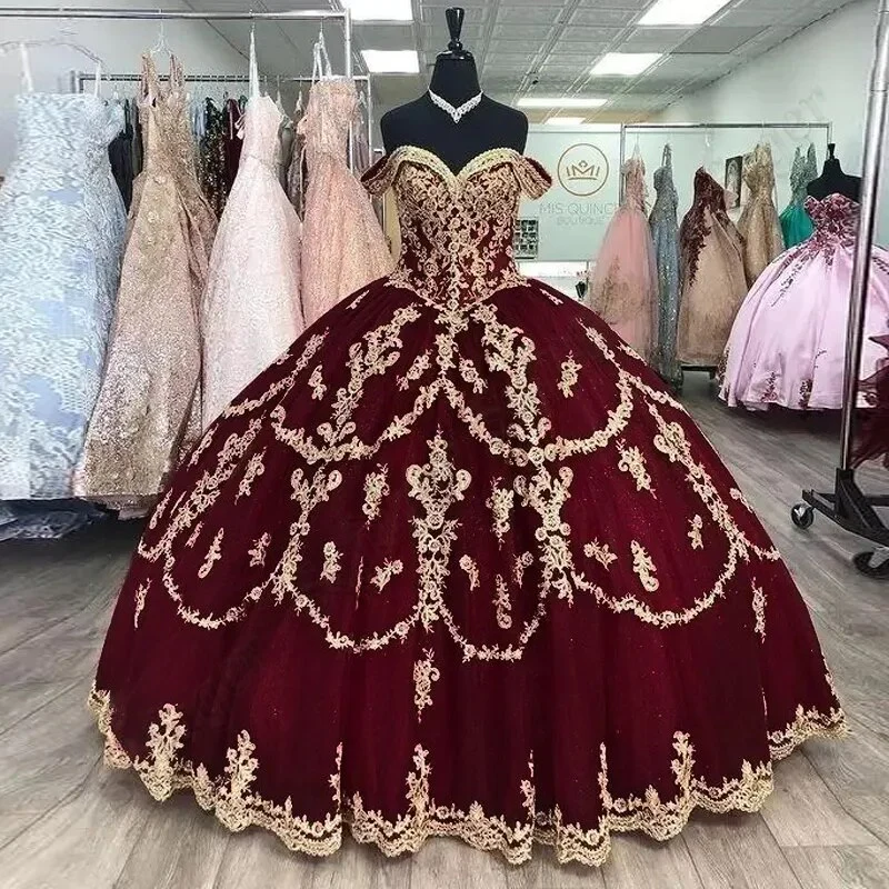 Delicate Off Shoulder Quincenera Sparkly Ball Gown Golden Appliqued Prom Party Robe De Soiree Celebrity 15 Ans Vestidos Fiesta - Image 4