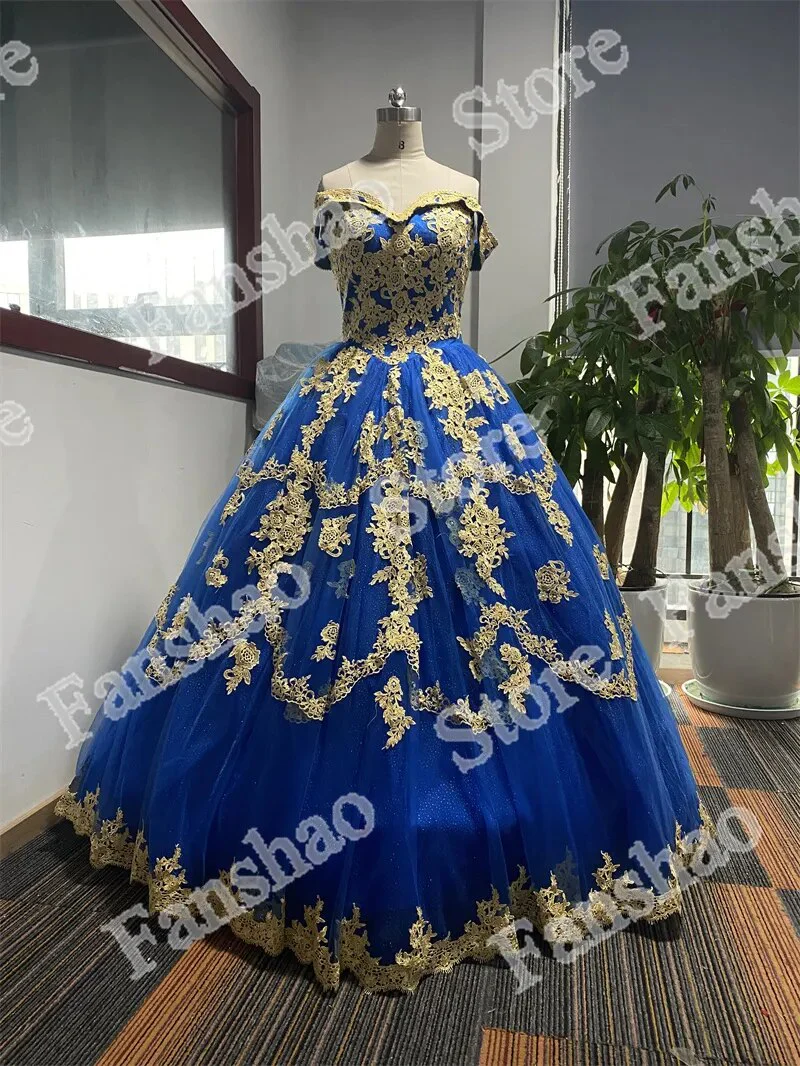 Delicate Off Shoulder Quincenera Sparkly Ball Gown Golden Appliqued Prom Party Robe De Soiree Celebrity 15 Ans Vestidos Fiesta - Image 5