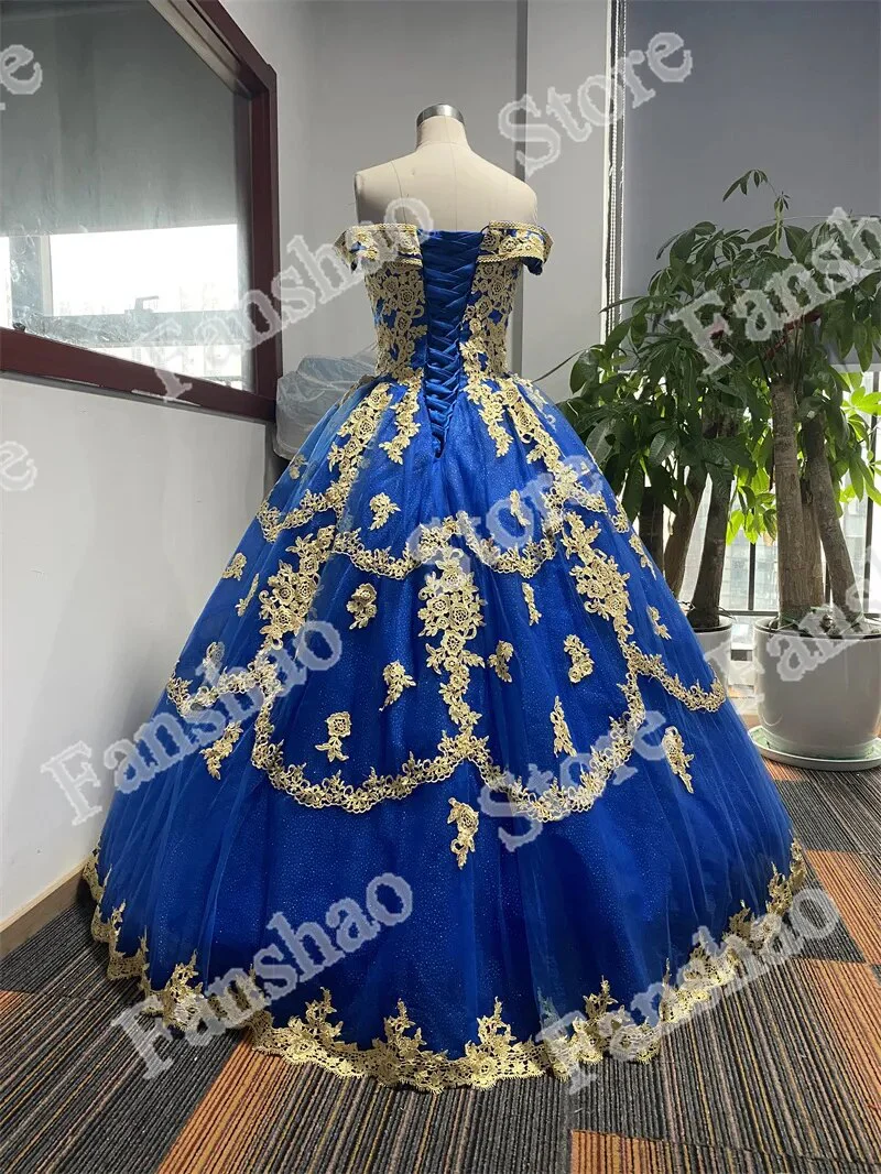 Delicate Off Shoulder Quincenera Sparkly Ball Gown Golden Appliqued Prom Party Robe De Soiree Celebrity 15 Ans Vestidos Fiesta - Image 6