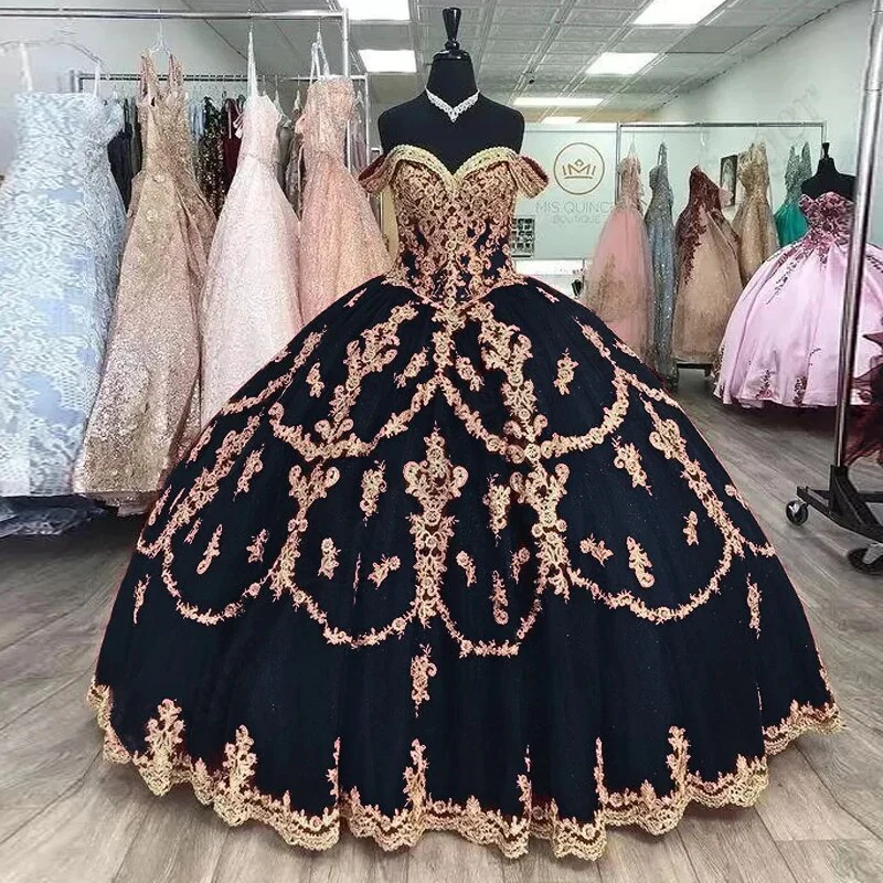 Delicate Off Shoulder Quincenera Sparkly Ball Gown Golden Appliqued Prom Party Robe De Soiree Celebrity 15 Ans Vestidos Fiesta - Image 7