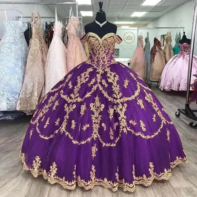 Delicate Off Shoulder Quincenera Sparkly Ball Gown Golden Appliqued Prom Party Robe De Soiree Celebrity 15 Ans Vestidos Fiesta - Image 8