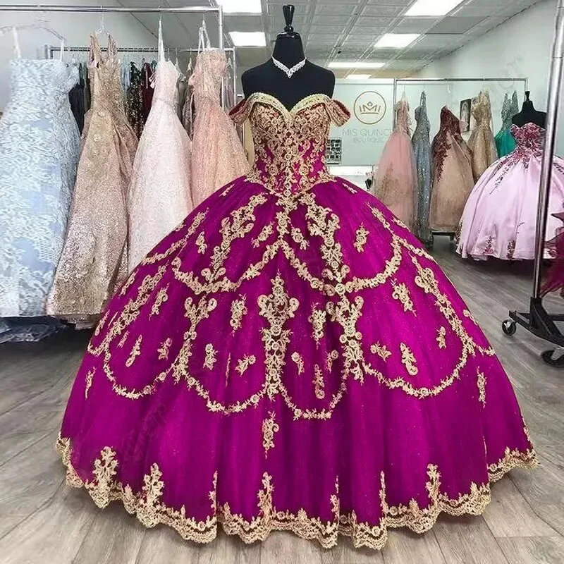 Delicate Off Shoulder Quincenera Sparkly Ball Gown Golden Appliqued Prom Party Robe De Soiree Celebrity 15 Ans Vestidos Fiesta - Image 9