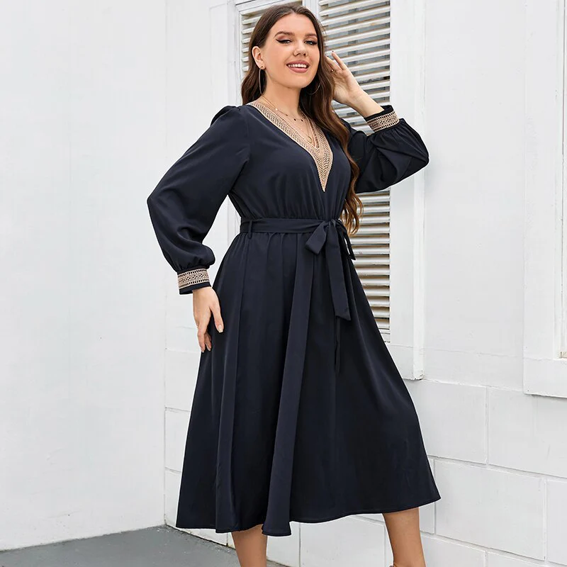 Della Mel Plus Size Women Clothing Long Sleeve Dress Urban Office V Neck Elegant Female Evening A-line Casual Party Long Dresses - Image 4