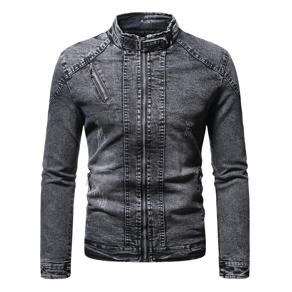 Denim Jacket Men Moto Biker Jean Jacket Autumn Winter Fashion Solid Plus Velvet Stand Collar Mens Denim Jacket Casual Coat Men - Image 2