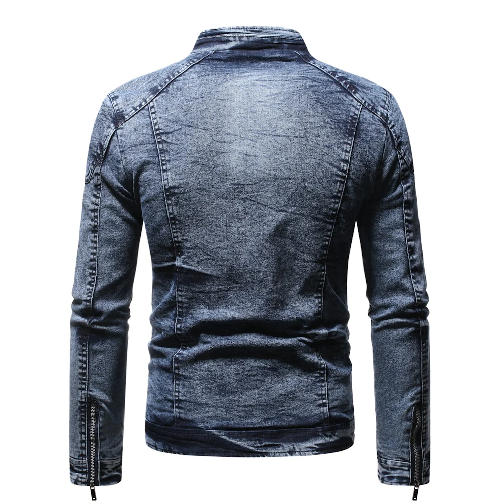 Denim Jacket Men Moto Biker Jean Jacket Autumn Winter Fashion Solid Plus Velvet Stand Collar Mens Denim Jacket Casual Coat Men - Image 4