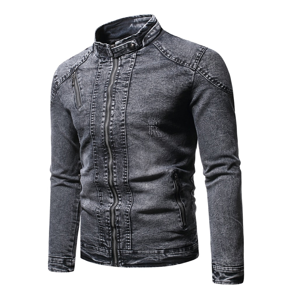 Denim Jacket Men Moto Biker Jean Jacket Autumn Winter Fashion Solid Plus Velvet Stand Collar Mens Denim Jacket Casual Coat Men - Image 6