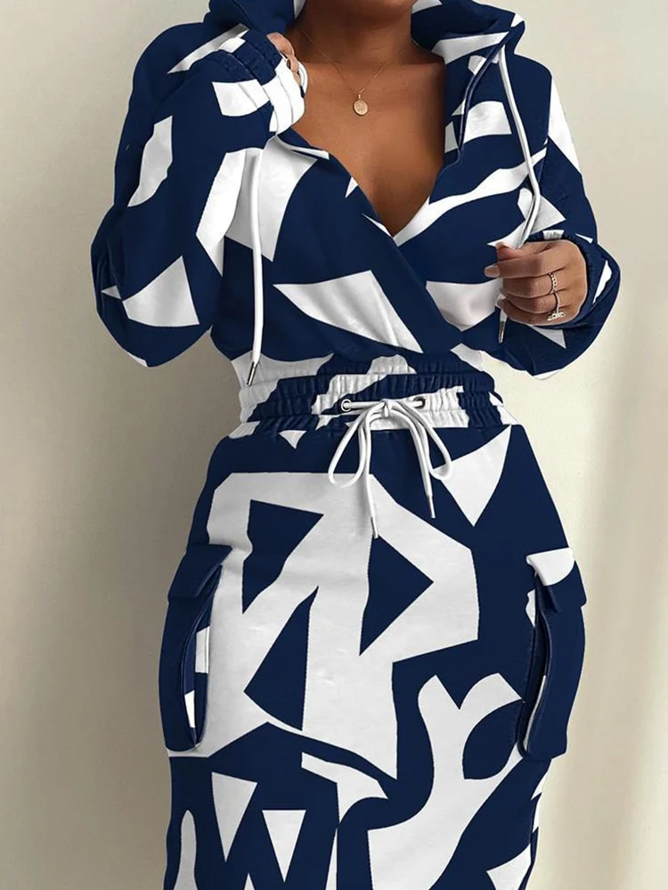 Denim Look Print Drawstring Hooded Sweatshirt Dress - Image 6
