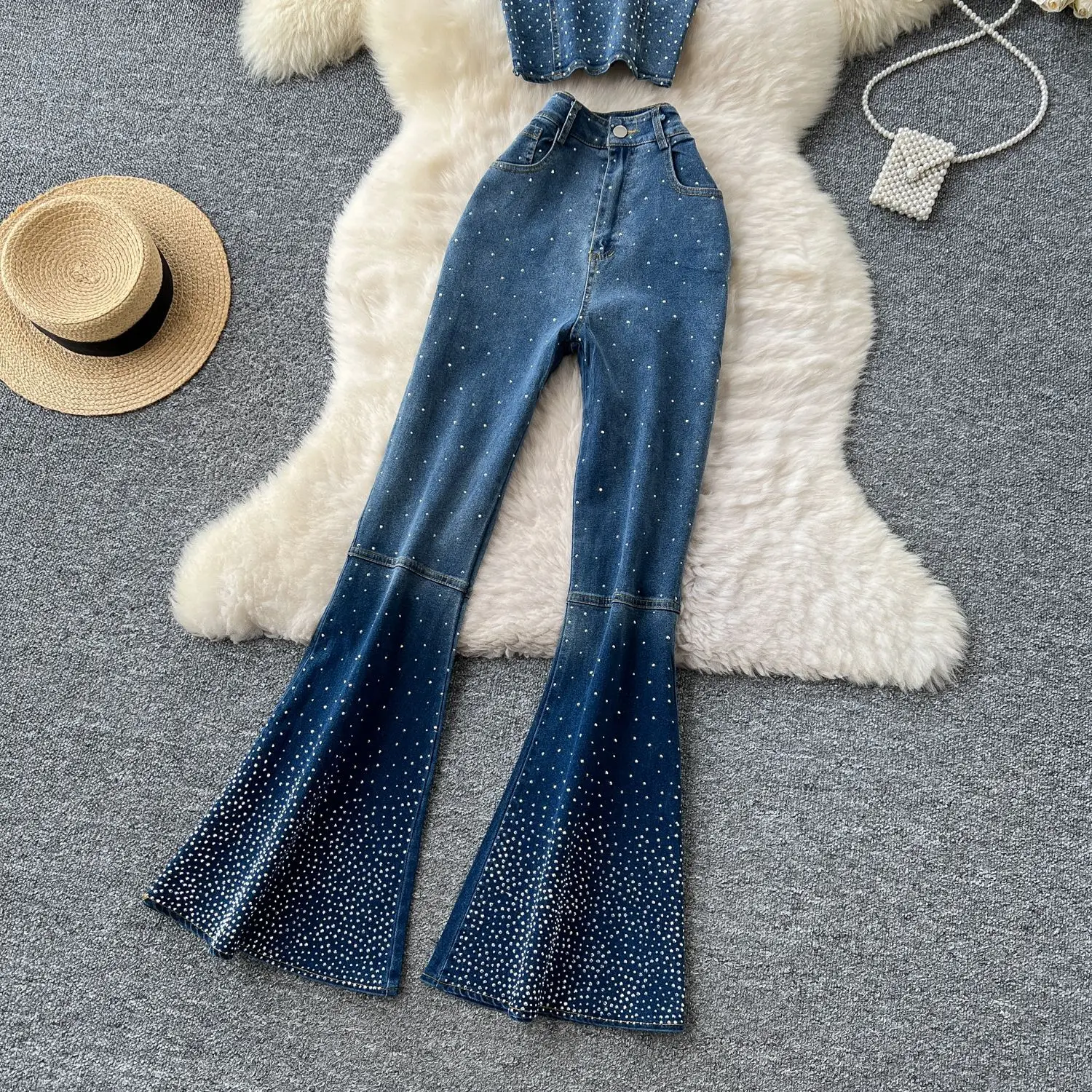 Denim Pant Set Women Two Piece Sets Sexy Matching Sets Sleeveless Short Tops Long Flare Pants High Waist Slim Hot Diamond - Image 15