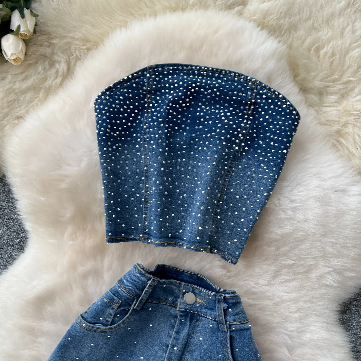 Denim Pant Set Women Two Piece Sets Sexy Matching Sets Sleeveless Short Tops Long Flare Pants High Waist Slim Hot Diamond - Image 3